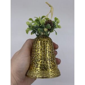Vtg Style Christmas Ornament 5" Mercury Glass Bells gold w/ Pine cone by Valerie